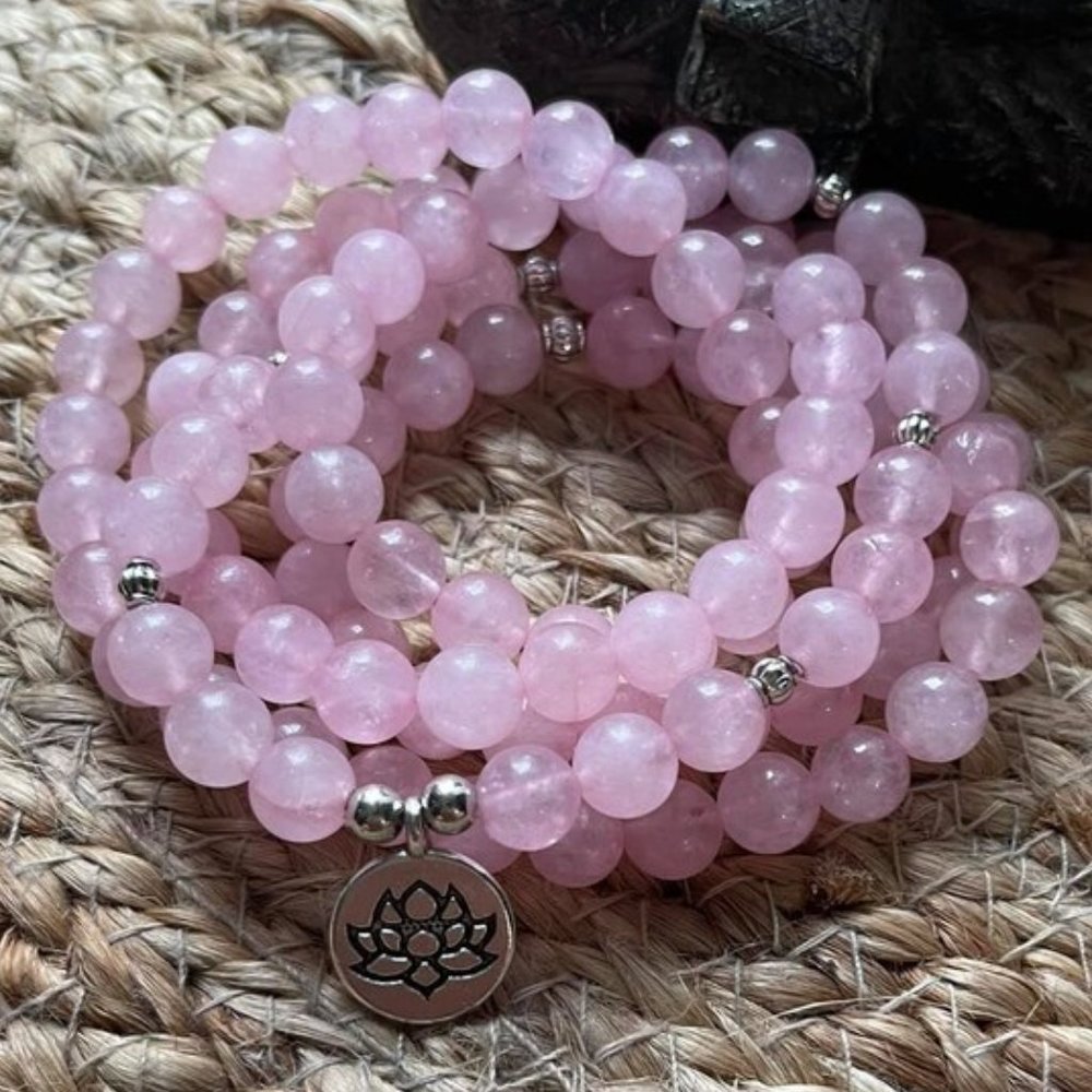 Rose Quartz 108 Mala Beads Prayer Handmade Meditation Women Necklace Bracelet